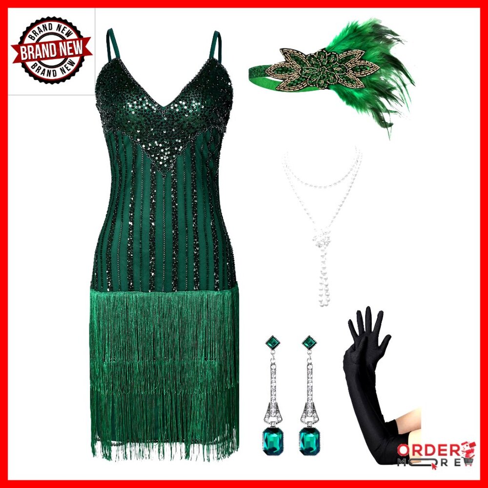 Sequin Fringe Flapper Dress 1920s Gatsby Cocktail Party Size Medium